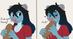  2021 absurd_res anthro blue_body blue_eyes blue_fur blush clothed clothing dialogue digital_media_(artwork) domasarts english_text female food fur hi_res holding_food holding_object lutrine mammal mustelid pink_nose sandwich_(food) shirt solo submarine_sandwich t-shirt text topwear 