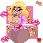  1:1 2021 absurd_res anthro banana big_breasts blonde_hair bottomwear breasts brown_body brown_fur candy_kong cleavage cleavage_overflow clothed clothing collar curvy_figure cutoffs denim denim_clothing dialogue digital_media_(artwork) donkey_kong_(series) english_text eyelashes eyeshadow female food fruit fur hair haplorhine headphones hi_res hoodie hourglass_figure huge_breasts inkit89 kong lips looking_at_viewer makeup mammal midriff monkey multicolored_body multicolored_fur navel nintendo plant primate shorts simple_background smile solo standing talking_to_viewer tan_body tan_fur teal_eyes teeth text thick_thighs topwear torn_bottomwear torn_clothing torn_shorts video_games voluptuous wide_hips zipper 