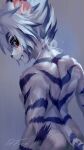  9:16 anthro back_muscles bangs blue_highlights blue_stripes blush blush_lines dr.fox felid fur hair hi_res highlights_(coloring) kogenta_(onmyou_taisenki) looking_at_viewer looking_back looking_back_at_viewer male mammal multicolored_body multicolored_fur multicolored_hair muscular muscular_anthro muscular_arms muscular_male onmyou_taisenki pantherine rear_view short_hair solo spiky_hair stripes tiger tiger_stripes torso_shot two_tone_body two_tone_fur two_tone_hair white_body white_fur white_hair 