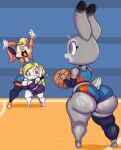  absurd_res anthro ball barefoot basketball basketball_(ball) basketball_court basketball_uniform big_breasts big_butt blonde_hair bodily_fluids bottomwear breasts broodal butt cleavage clothed clothing disney feet female hair hariet_(mario) hi_res hotpants huge_butt judy_hopps lagomorph larger_female leporid lola_bunny looking_at_another looney_tunes mammal mario_bros midriff nintendo open_mouth purple_yoshi_draws rabbit short_stack shorts size_difference skimpy smaller_female sportswear super_mario_odyssey sweat thick_thighs trio uniform video_games warner_brothers zootopia 