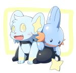  2019 ambiguous_gender blue_body blush duo feral hi_res mudkip nintendo open_mouth open_smile pok&eacute;mon pok&eacute;mon_(species) shinx simple_background sitting smile tatu_wani_(artist) tongue video_games yellow_eyes 