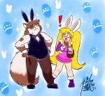  absurd_res anthro bunny_costume bunny_ears_(cosmetic) clothing costume domestic_cat duo easter easter_egg felid feline felis female hi_res holidays human legwear leotard male mammal overweight overweight_male prodding reku_(akubon) sailor_bomber shizen_(sailorbomber) surprised_expression 