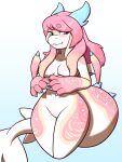  2021 3:4 anthro blush breasts cetacean delphinoid digital_media_(artwork) domasarts dragon featureless_crotch female gradient_background hair hi_res hybrid mammal marine navel nude oceanic_dolphin orca pink_hair shaded simple_background smile solo toothed_whale 