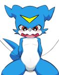  ambiguous_gender bandai_namco blue_body blush bodily_fluids digimon digimon_(species) embarrassed hands_behind_back hi_res markings nion_bubble red_eyes restrained scalie shoru solo tears veemon young 