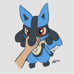  1:1 2021 467adv ambiguous_gender black_body black_fur blue_body blue_fur canid canine digital_media_(artwork) disembodied_hand duo feral fur hi_res human humanoid_hands looking_at_viewer looking_up lucario mammal nintendo pok&eacute;mon pok&eacute;mon_(species) red_eyes simple_background solo_focus video_games 