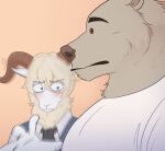  2021 anthro beastars blush bovid brown_bear caprine clothed clothing dall_sheep dot_eyes dress_shirt duo fur girl_staring_at_man&#039;s_chest hair horn humanoid_hands looking_at_another looking_at_muscles male mammal meme motion_blur muscular muscular_anthro muscular_male necktie pecs pina_(beastars) pink_background riz_(beastars) sheep shirt simple_background stare thediyemi topwear tuft ursid ursine vest 