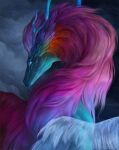  2021 ambiguous_gender blue_eyes bodily_fluids digital_media_(artwork) dragon feathered_dragon feathered_wings feathers feral hair hi_res horn morsylvia purple_hair solo tears wings 
