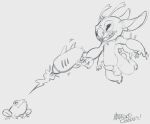  2021 4_arms 4_fingers alien amphibian antennae_(anatomy) balls chest_tuft claws digital_drawing_(artwork) digital_media_(artwork) disney duo experiment_(lilo_and_stitch) feral fingers firing_weapon frog fur genitals greyscale head_tuft hi_res holding_object holding_weapon lilo_and_stitch maddworld male monochrome multi_arm multi_limb notched_ear nude open_mouth penis ranged_weapon raygun semi-anthro signature simple_background sketch stitch_(lilo_and_stitch) suspended_in_midair tuft weapon white_background 