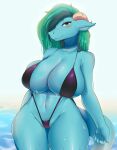  absurd_res anthro big_breasts bikini blue_body blush breasts cecily_lin clothing dragon female green_eyes green_hair hair hi_res horn huge_breasts reptile scalie sling_bikini solo swimwear thick_thighs water wide_hips wingless_dragon 