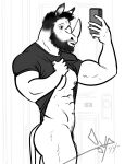  abs anthro barely_visible_genitalia beard bgn biceps bottomless butt clothed clothing clothing_lift door facial_hair flaccid furgonomics genitals hair horn isaiah male mammal muscular muscular_anthro muscular_legs muscular_male muscular_thighs navel nipples partially_clothed pecs penis phone pubes rhinocerotoid selfie shirt shirt_lift solo standing t-shirt topwear 