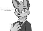  2021 4_fingers anthro canid canine canis cheek_tuft clothed clothing coyote daxy_(adaxyn) enginetrap english_text eyewear facial_tuft fingers fur glasses head_tuft looking_at_viewer mammal meme monochrome necktie open_mouth robert_downey_jr simple_background solo suit text tuft white_background 