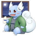  2019 3_toes ambiguous_gender blue_body blush bottle claws clothing feet hi_res moon night nintendo open_mouth open_smile pok&eacute;mon pok&eacute;mon_(species) robe sitting smile solo tatu_wani_(artist) toe_claws toes video_games wartortle window 