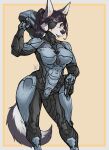  2021 anthro armor avante92 black_hair black_nose breasts canid canine canis clothed clothing digital_media_(artwork) eye_patch eyewear fangs female fingers hair hand_on_hip headgear helmet hi_res looking_at_viewer mammal open_mouth ponytail raised_arm simple_background smile solo teeth tongue wide_hips wolf 
