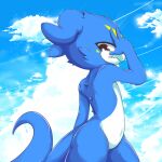  1:1 absurd_res ambiguous_gender bandai_namco blue_body blue_skin digimon digimon_(species) hi_res looking_down markings nion_bubble red_eyes scalie sky solo star starry_sky veemon yellow_markings young 