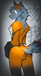 ambiguous_gender angiewolf anthro butt canid canine digital_media_(artwork) fluffy fur looking_back mammal orange_body orange_fur rear_view shaded solo 