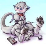  1:1 2019 4_toes 5_fingers absurd_res anthro belly big_claws black_claws black_pawpads blue_eyes blue_tongue blush bound chest_tuft claws collar collar_only controller dipstick_ears dragon entangled feet fingers fur furred_dragon game_controller grey_body grey_fur grey_tail hi_res hindpaw humanoid_hands inner_ear_fluff male multicolored_body multicolored_ears multicolored_fur open_mouth pawpads paws senky sharp_claws solo toe_claws toes tongue tuft two_tone_body two_tone_fur vulpix3337 white_belly white_body white_fur white_tail 