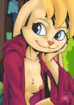  activision anthro bianca_(spyro) big_ears blonde_hair blue_eyes breasts chest_tuft clothed clothing digital_media_(artwork) female fur hair hand_on_head happy hi_res lagomorph leporid mammal mysticalpha nipples nude partially_clothed pinup pose rabbit sitting small_breasts smile solo spyro_the_dragon tuft video_games watermark 