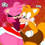  1:1 2021 2_tails 3barts absurd_res accessory amy_rose anthro big_breasts big_butt big_penis blonde_hair blue_eyes blush bottomwear bouncing_breasts bouncing_butt breast_jiggle breasts bulge butt butt_jiggle canid canine chest_tuft cleavage clothed clothing curvy_figure dialogue digital_media_(artwork) dress duo english_text erection eulipotyphlan eyelashes eyes_closed face_in_breasts female fingers fox fur genitals girly gloves hair handwear headband hedgehog hi_res hourglass_figure hug huge_breasts huge_butt male male/female mammal miles_prower multi_tail multicolored_body multicolored_fur panties panty_shot penis pink_body pink_fur pink_hair sega shirt shorts simple_background smile sonic_the_hedgehog_(series) standing tailwag tan_body tan_fur tank_top text thick_thighs tongue topwear tuft underwear voluptuous white_body white_fur wide_hips yellow_body yellow_fur 