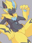 2021 3:4 4_fingers anthro anthrofied black_nose blue_body blue_eyes blush breasts chest_tuft claws featureless_breasts featureless_crotch felid feline female finger_claws fingers fur grey_body half-closed_eyes hi_res kemono legendary_pok&eacute;mon looking_at_viewer mammal markings narrowed_eyes navel nintendo nude pawpads paws pok&eacute;mon pok&eacute;mon_(species) pok&eacute;morph solo takeshi_kemo tuft video_games yellow_body yellow_fur zeraora 