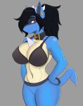  anthro bra canid canine clothing collar ear_piercing female hair hi_res horn lucario mammal nintendo piercing pok&eacute;mon pok&eacute;mon_(species) ponytail simple_background sly_shadex solo underwear video_games 