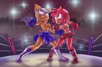  abs amy_rose anthro aoncyth bat_wings bodily_fluids boots bottomwear boxing boxing_gloves boxing_shorts breasts chiropteran clothed clothing duo eulipotyphlan exposed_breasts female female/female fighting_ring footwear handwear hedgehog hi_res mammal membrane_(anatomy) membranous_wings punch rouge_the_bat sega shorts smile smirk sonic_the_hedgehog_(series) sport sweat topless wings 