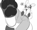  4_toes anthro blush breasts cleavage clothed clothing dress_shirt eeveelution eyewear feet female foot_focus footwear glaceon glasses low-angle_view monochrome mrrowboat nintendo pawpads paws pok&eacute;mon pok&eacute;mon_(species) shirt simple_background sketch socks solo toeless_footwear toeless_socks toes topwear video_games white_background 