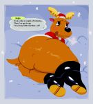  2020 animal_crossing anthro antlers big_butt black_nose blush bodily_fluids boots bottomless brown_body brown_fur butt capreoline cervid christmas christmas_clothing christmas_headwear clothed clothing costume dialogue digital_media_(artwork) english_text footwear fur hat head_tuft headgear headwear hi_res holidaydipstick holidays horn huge_butt jingle_(animal_crossing) looking_at_viewer looking_back lying male mammal nintendo on_ground on_side open_mouth outside partially_clothed presenting presenting_hindquarters reindeer santa_costume santa_hat snow solo sweat text thick_thighs toony tuft video_games 