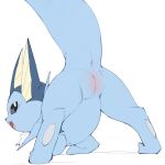  1:1 2021 all_fours anus ass_up black_nose black_sclera blue_body butt digital_media_(artwork) eeveelution female feral fin frill_(anatomy) genitals happy head_fin hi_res looking_at_viewer looking_back neck_frill nintendo open_mouth pok&eacute;mon pok&eacute;mon_(species) presenting presenting_anus presenting_hindquarters presenting_pussy pupils pussy raised_tail rear_view shaded simple_background simple_shading small_nose smile solo tongue vaporeon video_games white_background white_pupils youjomodoki 