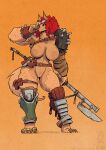  2021 anthro areola armor axe battle_axe belt belt_pouch big_breasts breasts canid canine claws conditional_dnp eyewear female fur genitals glasses hair holding_object holding_weapon jollyjack mammal melee_weapon mostly_nude orange_background orange_eyes pauldron pussy red_hair scratches simple_background solo tan_body tan_fur weapon were werecanid werecanine werewolf wide_hips 
