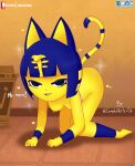  2021 animal_crossing animal_humanoid ankha_(animal_crossing) black_eyes blue_hair breasts butt cat_humanoid complex_vortex crawling dialogue felid felid_humanoid feline feline_humanoid female hair hi_res humanoid mammal mammal_humanoid nintendo nipples open_mouth signature simple_background solo video_games yellow_body 