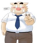  2021 anthro blush bottomwear brown_body clothing eyes_closed humanoid_hands kemono male mammal necktie overweight overweight_male pants shirt simple_background solo suid suina sus_(pig) topwear toshi_(artist) white_background wild_boar 