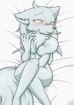  2017 anthro bed big_breasts bite biting_lip blush breast_grab breast_squish breasts canid canine canis chest_tuft curvy_figure digital_media_(artwork) eyelashes female fingers fur furniture grey_body grey_fur grey_hair hair hand_on_breast hourglass_figure huge_breasts long_hair lying mammal masturbation nipples nude on_back one_eye_closed sandwich-anomaly simple_background solo squish teeth thick_thighs tuft vaginal vaginal_masturbation velvela voluptuous wide_hips wolf yellow_eyes 