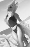  2021 anthro beach belly_scales breasts claws clothed clothing dragon dutch_angle ear_piercing ear_ring eyewear female greyscale hi_res horn low-angle_view monochrome one-piece_swimsuit piercing reptile scales scalie sea seaside shycryptid solo sunglasses swimwear thick_tail thick_thighs water wide_hips wingless_dragon 