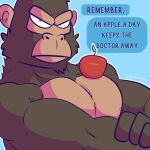  1:1 anthro ape apple ayumu_gouriki_(odd_taxi) biceps big_muscles brown_body digital_media_(artwork) english_text fizzyjay flexing food fruit gorilla haplorhine hi_res looking_at_viewer male mammal muscular muscular_anthro muscular_male nipples odd_taxi plant primate simple_background solo text 