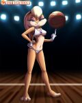  2021 anthro ball barefoot basketball_(ball) blonde_hair breasts brown_body brown_fur buckteeth clothing feet female fur gloves hair handwear hi_res lagomorph leporid lola_bunny looking_at_viewer looney_tunes mammal rabbit reit smile solo standing teeth under_boob warner_brothers white_clothing white_gloves white_handwear 