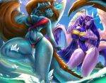  amethystdust anthro big_breasts bikini breasts claws cleavage clothed clothing dialogue dragon duo dutch_angle female hi_res horn low-angle_view reptile scalie skimpy swimwear thick_tail water western_dragon wide_hips wings 