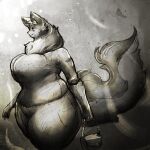  1:1 anthro big_breasts bottomwear breasts canid canine canis clothed clothing digital_media_(artwork) female fur handbag head_tuft hi_res mammal monochrome multicolored_body multicolored_fur neck_tuft pants piilsud ria_(piilsud) side_view smile solo tuft tufted_ears walking wolf 