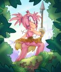  amy_rose anthro aoncyth bottomwear clothed clothing ear_piercing ear_ring eulipotyphlan female gloves green_eyes hair handwear hedgehog hi_res jewelry looking_at_viewer looking_back looking_back_at_viewer mammal necklace no_underwear partially_clothed piercing pink_body pink_hair sega skirt solo sonic_prime sonic_the_hedgehog_(series) topless tribal 