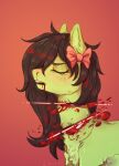  absurd_res anonymous_artist black_hair blood blood_in_mouth bodily_fluids death earth_pony emerald_blade_(oc) equid equine eyes_closed fan_character female friendship_is_magic gore green_body green_skin hair hasbro hi_res horse mammal my_little_pony nosebleed open_mouth pony ribbons solo 