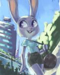  anthro aoncyth bottomwear buckteeth city cityscape clothing digital_media_(artwork) digital_painting_(artwork) disney duffel_bag female judy_hopps lagomorph leporid looking_aside mammal open_mouth open_smile outside purple_eyes rabbit shirt shorts smile solo t-shirt teeth topwear walking zootopia 