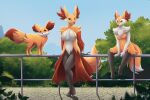  3:2 anthro braixen breasts canid canine daylight delphox evolutionary_family female fennekin feral fluffy fluffy_tail fur group halu hi_res leaning mammal nintendo pok&eacute;mon pok&eacute;mon_(species) sitting video_games warm_colors 