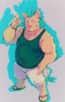  2021 5_toes absurd_res anthro barefoot belly blue_hair bottomwear chanclas clothing feet flip_flops footwear gouryou hair heylaw21 hi_res humanoid_hands kemono male mammal overweight overweight_male sandals shirt shorts simple_background solo suid suina sus_(pig) toes tokyo_afterschool_summoners topwear video_games wild_boar 