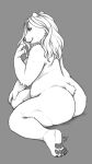  2021 5_toes 9:16 anthro big_butt black_nose butt claws digital_media_(artwork) feet female hair long_hair mammal monochrome nude overweight overweight_anthro overweight_female pawpads polar_bear rear_view sitting sketch small_tail smile solo tasanko thick_thighs toes ursid ursine 