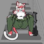  1:1 anthro armor barefoot belt breasts bulge clothing cougar empskit feet felid feline genital_outline gun gynomorph hand_on_leg hi_res highlights_(coloring) intersex looking_aside mammal military paws penis_outline pouches ranged_weapon shirt simple_background smile smirk smug solo spread_legs spreading stairs tail_tuft tank_top tesena topwear tuft weapon 