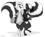  alcohol anthro beverage black_and_white bottle clothed clothing drunk duo ear_piercing erica eyes_closed female humor laugh male mammal mephitid monochrome open_mouth piercing ribnose safety_pin simple_background skunk standing substance_intoxication white_background 