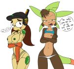  2017 al-x android anthro big_breasts blush breasts brown_body brown_eyes brown_fur brown_hair buckteeth chespin clothed clothing crop_top crossed_arms curvy_figure dialogue digital_media_(artwork) duo embarrassed english_text eyelashes female fingers fur green_body green_eyes green_skin hair hat headgear headwear hi_res humanoid leina_(sandwich-anomaly) looking_at_viewer machine mammal multicolored_body multicolored_fur multicolored_skin navel nintendo nipples nude open_clothing open_topwear panties panties_down pok&eacute;mon pok&eacute;mon_(species) robot robot_humanoid sandwich-anomaly shirt simple_background talking_to_viewer tan_body tan_fur teeth text thick_thighs tongue topwear underwear underwear_down video_games voluptuous white_background wide_hips yellow_body yellow_skin 
