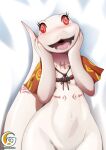  2019 3_fingers anthro belly belly_markings biped blush cape cape_only capelet chest_markings clothing crotch_lines crusch_lulu cute_fangs dakimakura_design digital_drawing_(artwork) digital_media_(artwork) eyelashes featureless_chest female fingers flat_chested front_view jewelry lizard logo looking_at_viewer markings mitgard-knight mostly_nude necklace open_mouth open_smile orange_cape orange_clothing orange_topwear overlord_(series) pattern_cape pattern_clothing pattern_topwear pink_markings portrait red_eyes reptile scalie simple_background smile smiling_at_viewer solo spiral_eyes tail_markings text thick_tail three-quarter_portrait tongue topwear touching_face tribal tribal_markings url white_background white_body wide_eyed wide_hips 