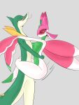  3:4 anthro big_breasts blush breasts duo eyes_closed female hi_res l0ad1ng lora_lentos lurantis male male/female nintendo nude pok&eacute;mon pok&eacute;mon_(species) servine sex simple_background stand_and_carry_position standing standing_sex video_games 