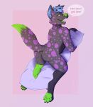  absurd_res anthro anus blue_hair bunnybuttisaac canid canine canis coyote dialogue fur genitals green_penis grey_body grey_fur hair hi_res male mammal penis pillow purple_body purple_fur rosko_(roskocoyote) solo speech_bubble 