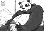  2021 alp_(tas) anthro bed belly erection furniture genitals giant_panda hi_res humanoid_genitalia humanoid_hands humanoid_penis male mammal monochrome moobs nipples overweight overweight_male penis pillow red_panda_mirr sitting solo tokyo_afterschool_summoners ursid video_games 